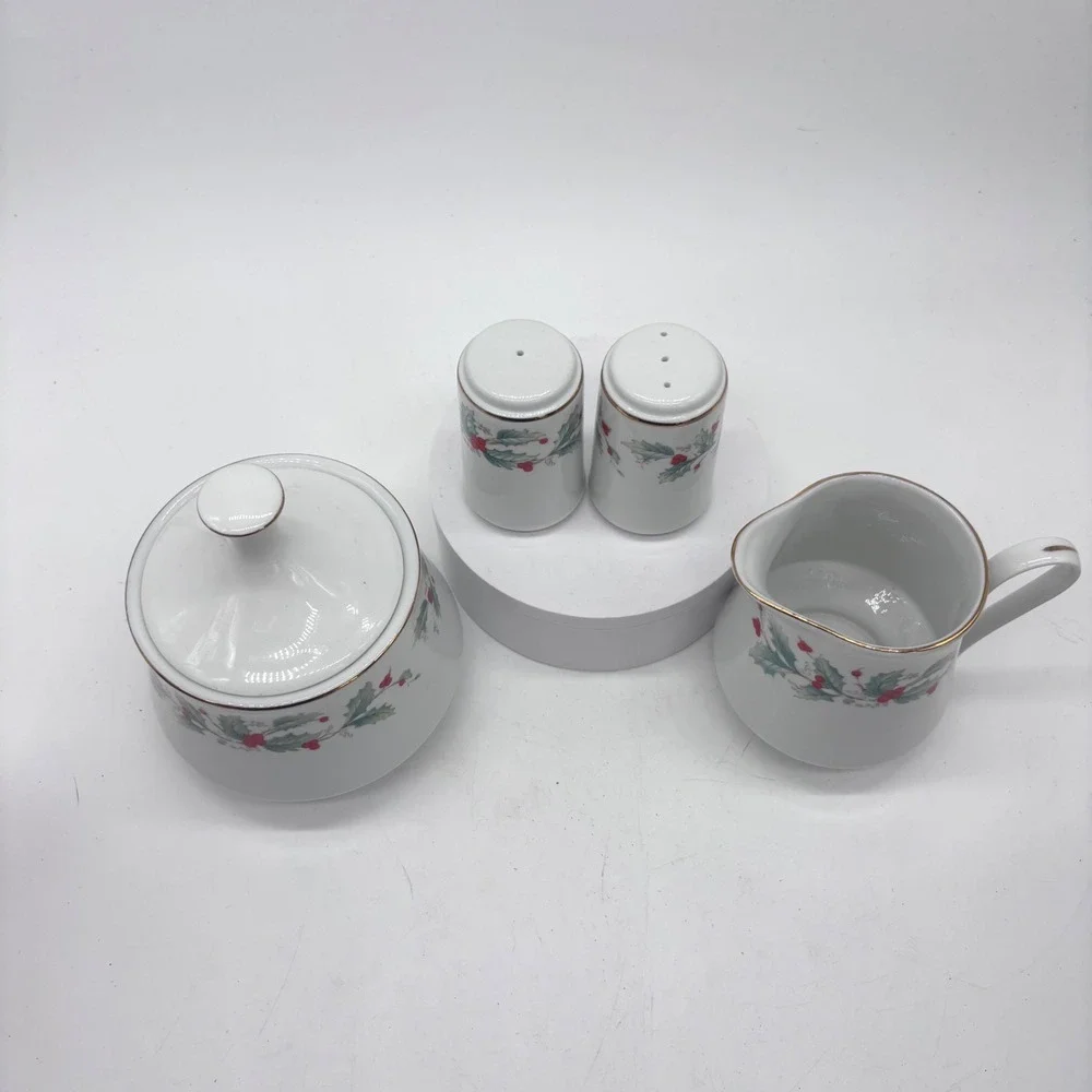 China Pearl Holly Berry Christmas Creamer Sugar Salt Pepper Set White Holiday